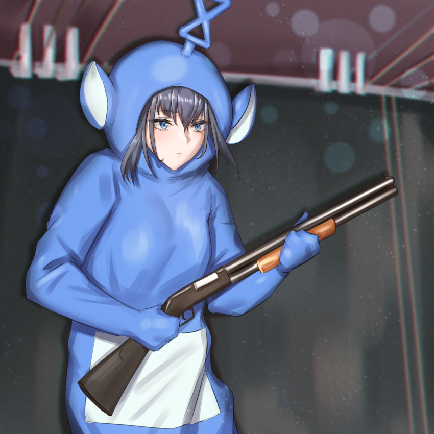 1girl, absurdres, black_hair, blue_eyes, closed_mouth, cosplay, costume, expressionless