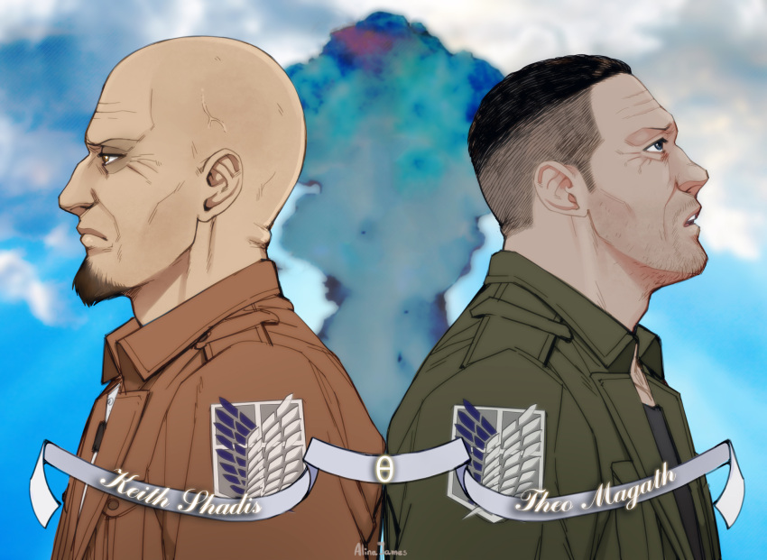 2boys, alternate_costume, back-to-back, character_name, facial_hair, goatee, highres, keith_shadis