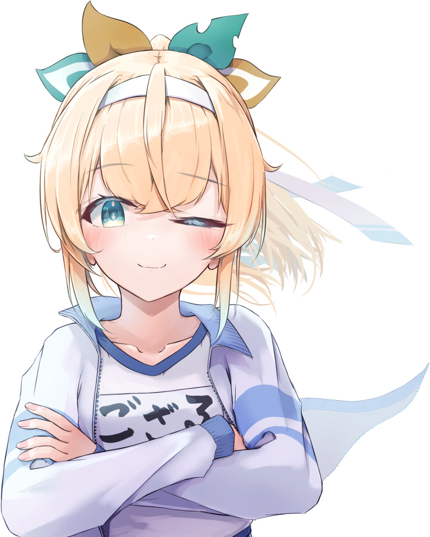 1girl, aqua_eyes, blonde_hair, commentary_request, crossed_arms, gym_uniform, headband, highres