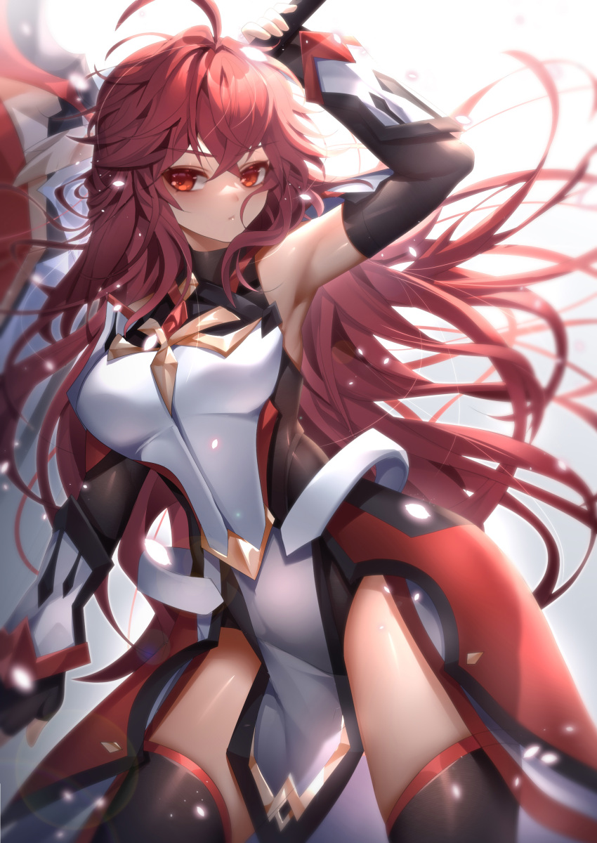 1girl, absurdres, ahoge, armor, armored_dress, armpits, been, black_gloves