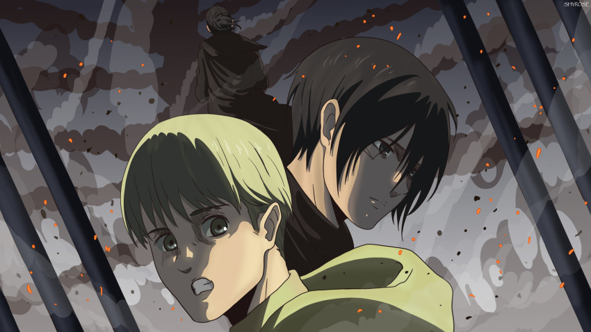1girl, 2boys, armin_arlert, black_eyes, black_hair, clenched_teeth, embers, eren_yeager