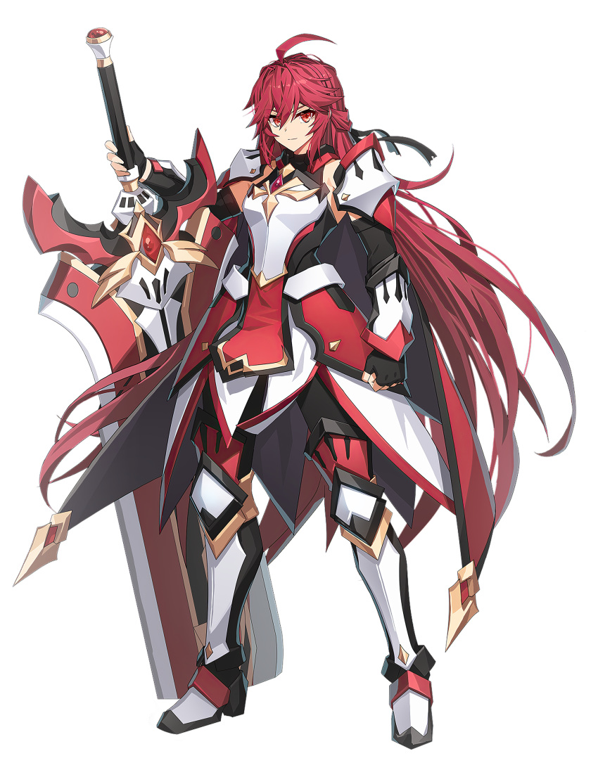 1girl, absurdres, ahoge, armor, armored_boots, armored_dress, black_gloves, boots, claymore_(sword), clenched_hand, detached_sleeves, elesis_sieghart, fingerless_gloves, gem, gloves, gold_trim, grand_chase, highres, holding, holding_weapon, light_smile, long_hair, looking_at_viewer, mvrleson, official_art, red_eyes, red_gemstone, red_trim, redhead, shoulder_armor, solo, sword, transparent_background, very_long_hair, weapon, wrist_guards