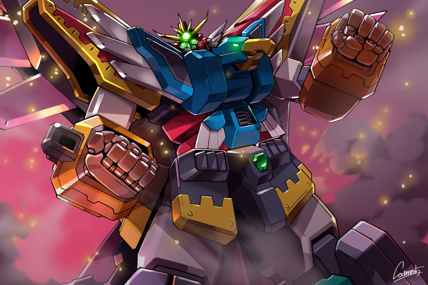 absurdres, clenched_hands, cosmo-5, el_dorado_v, embers, glowing, glowing_eyes, green_eyes, gunxsword, highres, looking_at_viewer, mecha, mechanical_wings, no_humans, robot, science_fiction, signature, smoke, solo, super_robot, upper_body, v-fin, wings