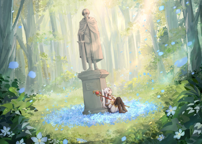 1girl, blue_flower, boots, brown_footwear, capelet, closed_mouth, elf, falling_petals