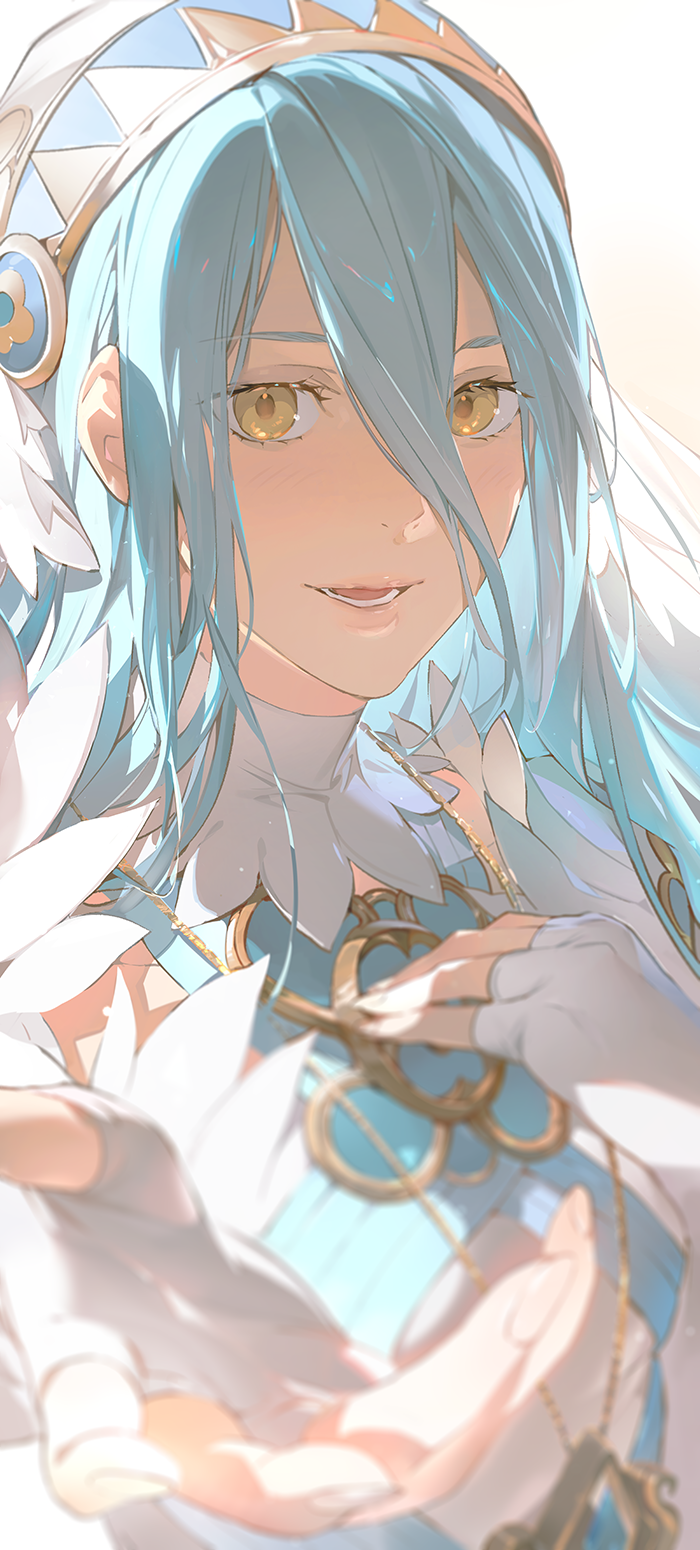 1girl, azura_(fire_emblem), blue_hair, blurry, dress, eyeshadow, fingerless_gloves, fingernails