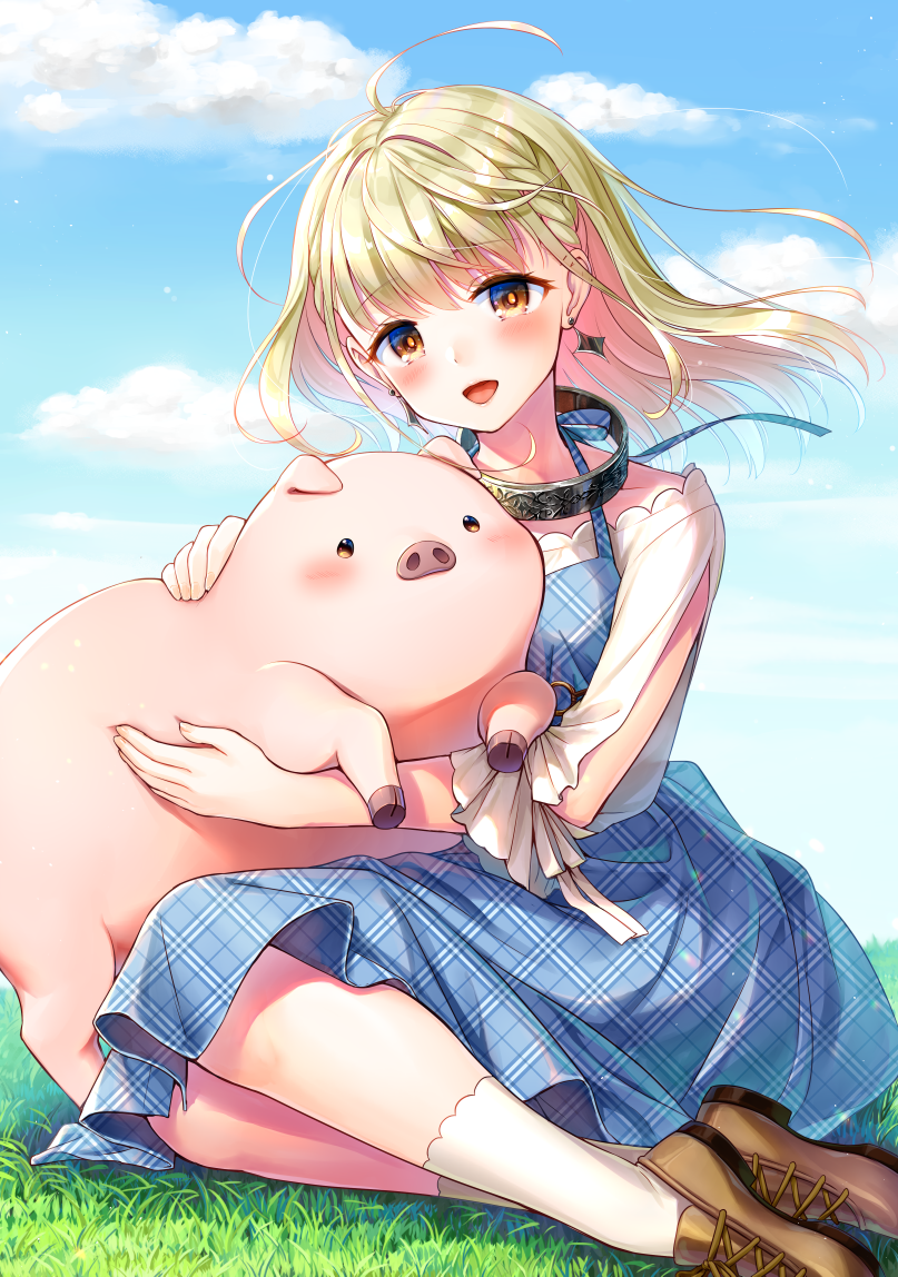 1girl, blonde_hair, blue_dress, blue_sky, braid, brown_footwear, buta_no_liver_wa_kanetsu_shiro, clouds