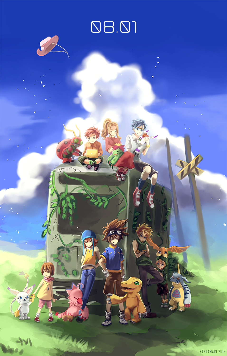 2015, 3girls, 5boys, age_difference, agumon, anniversary, arms_behind_back, artist_name