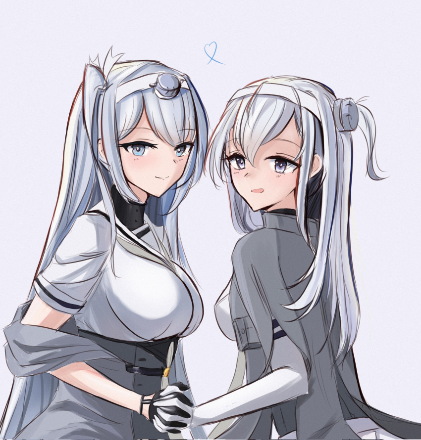 2girls, breasts, corset, dawn_1945, grey_background, grey_hair, grey_jacket, grey_shawl