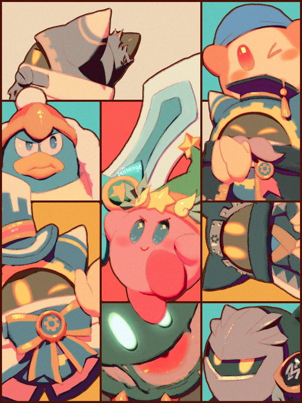 >_o, animal_ears, aqua_background, arms_up, artist_name, badge, bandana, bandana_waddle_dee