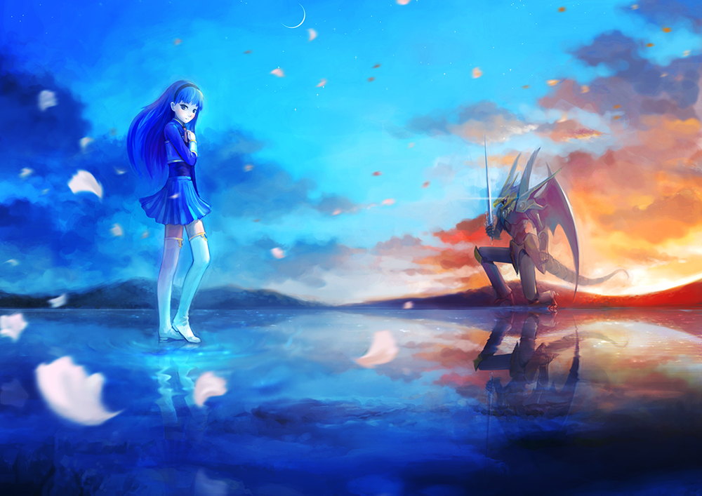 1girl, blue_hair, blue_skirt, boots, ceres, crescent_moon, full_body, g_tong