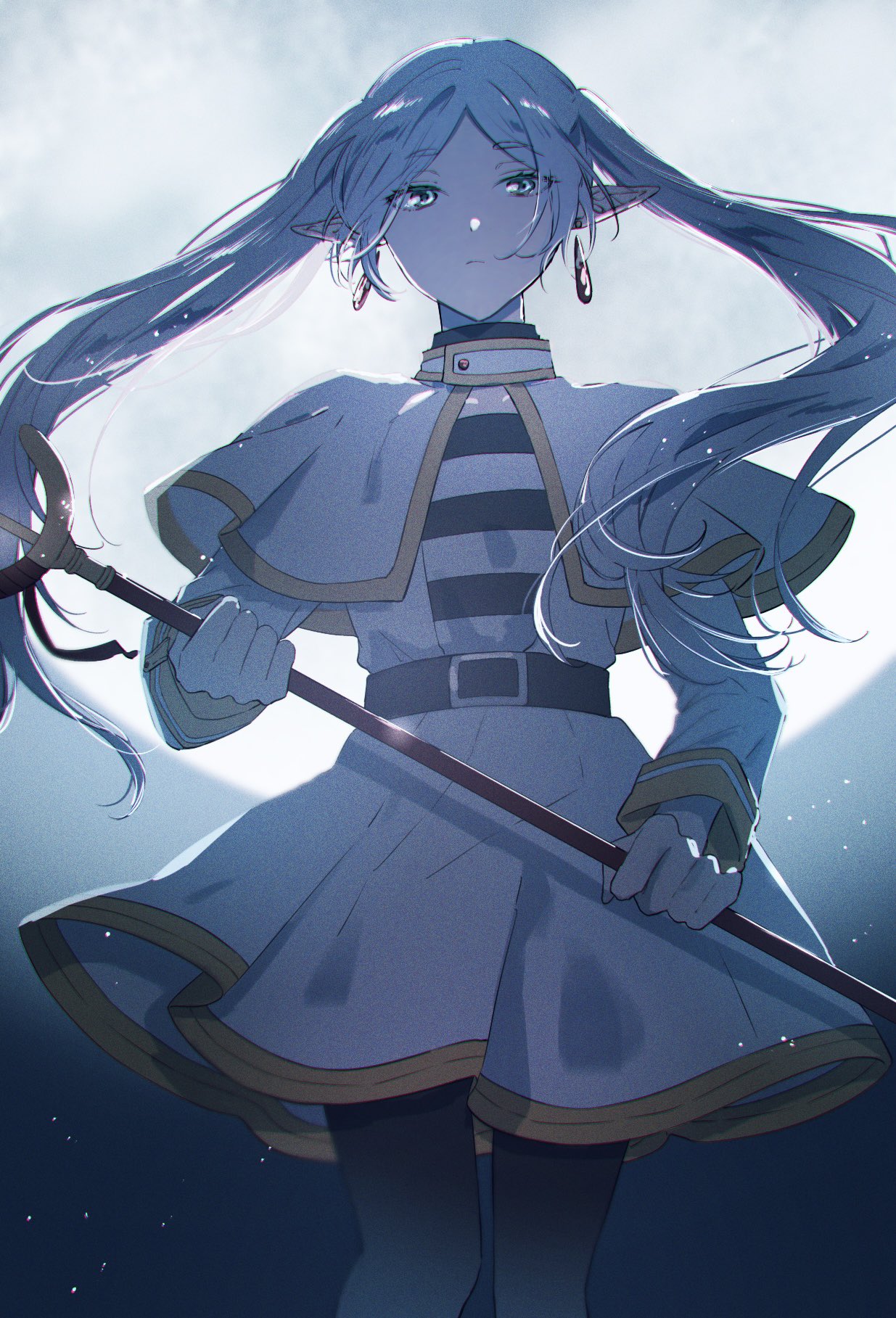 1girl, backlighting, belt, black_belt, black_pantyhose, capelet, closed_mouth, commentary