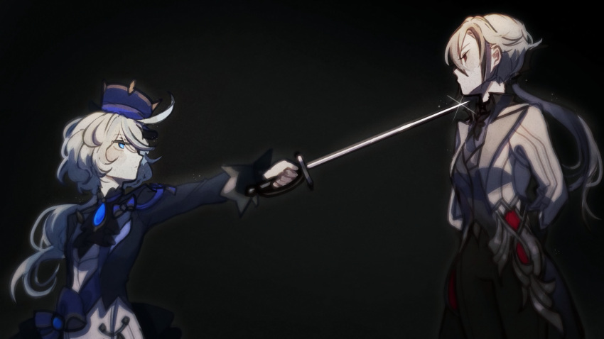 2girls, ahoge, arlecchino_(genshin_impact), arm_at_side, arms_behind_back, ascot, black_ascot, black_background, black_bow, black_jacket, black_pants, black_shirt, blue_bow, blue_eyes, blue_gemstone, blue_headwear, bow, closed_mouth, coat, collared_shirt, eye_contact, frilled_ascot, frills, furina_(genshin_impact), gem, genshin_impact, grey_hair, grey_vest, hat, highres, jacket, lapels, looking_at_another, low_ponytail, multiple_girls, open_clothes, open_jacket, pants, pawnyao, pointing_sword, profile, red_eyes, shirt, simple_background, sleeve_cuffs, sword, sword_to_throat, three-piece_suit, top_hat, upper_body, vest, waist_sash, weapon, white_coat