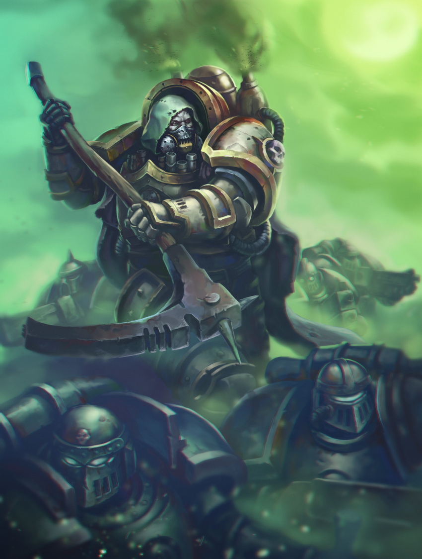 adeptus_astartes, armor, blowing_smoke, breastplate, chaos_(warhammer), cloak, couter, cowboy_shot