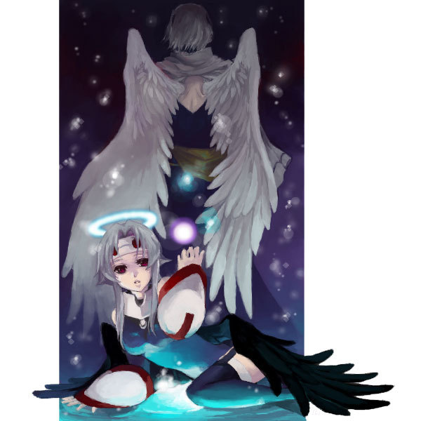 black_wings, diy, halo, mutsumi_(utawareru_mono), payot, red_eyes, silver_hair, thigh-highs, thighhighs, utawareru_mono, utawarerumono, white_wings, wings