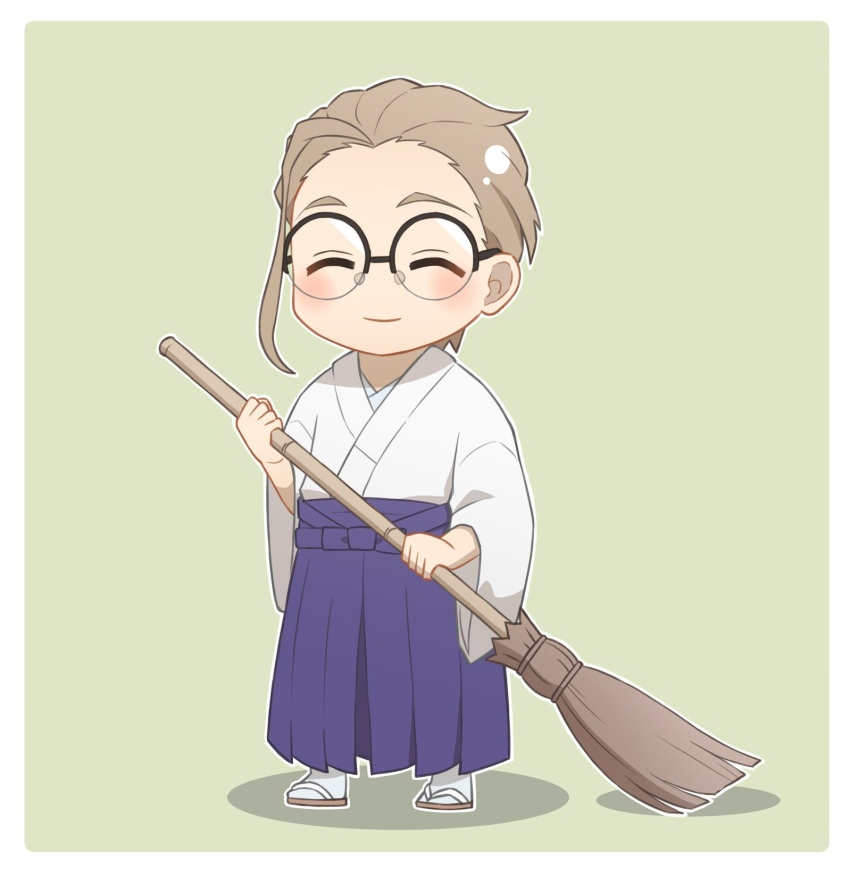 1boy, blue_hakama, blush, border, broom, brown_hair, chibi, closed_eyes