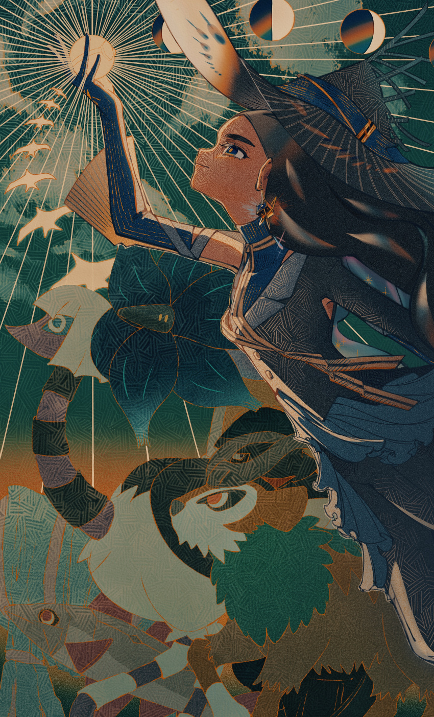 1girl, absurdres, adapted_costume, arm_up, avalugg, black_hair, blue_shirt, buttons