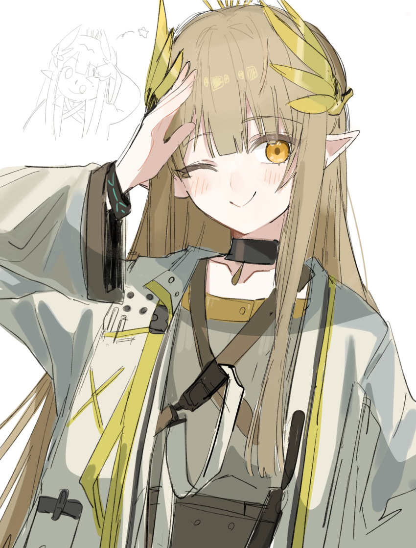1girl, arknights, black_choker, blush, bracelet, brown_dress, brown_eyes, brown_hair