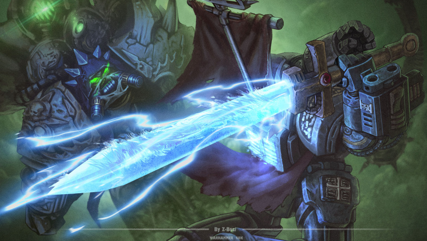 absurdres, armor, artist_name, breastplate, chaos_(warhammer), charging_forward, chinese_commentary, cloak