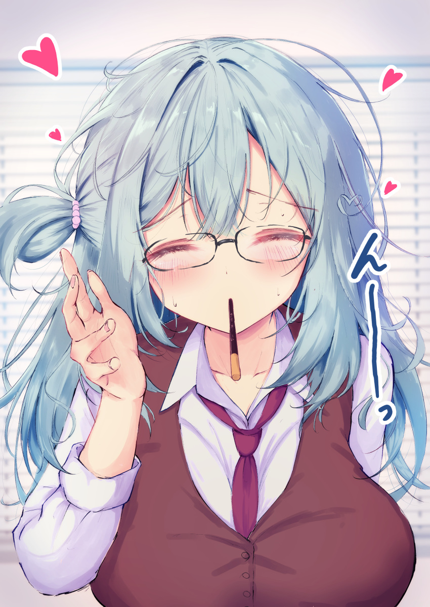 1girl, absurdres, ahoge, aqua_hair, ashiyu0330, beads, bespectacled, black-framed_eyewear