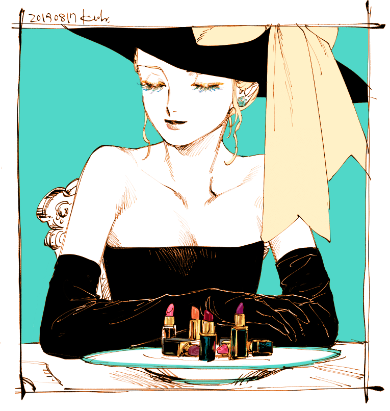 1girl, bare_shoulders, black_dress, black_gloves, blue_background, chair, closed_eyes, collarbone