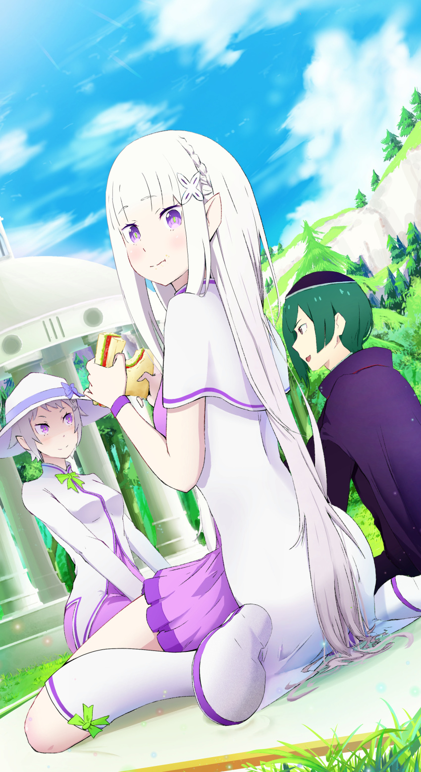1boy, 2girls, absurdres, bare_shoulders, braid, cape, dress, elf