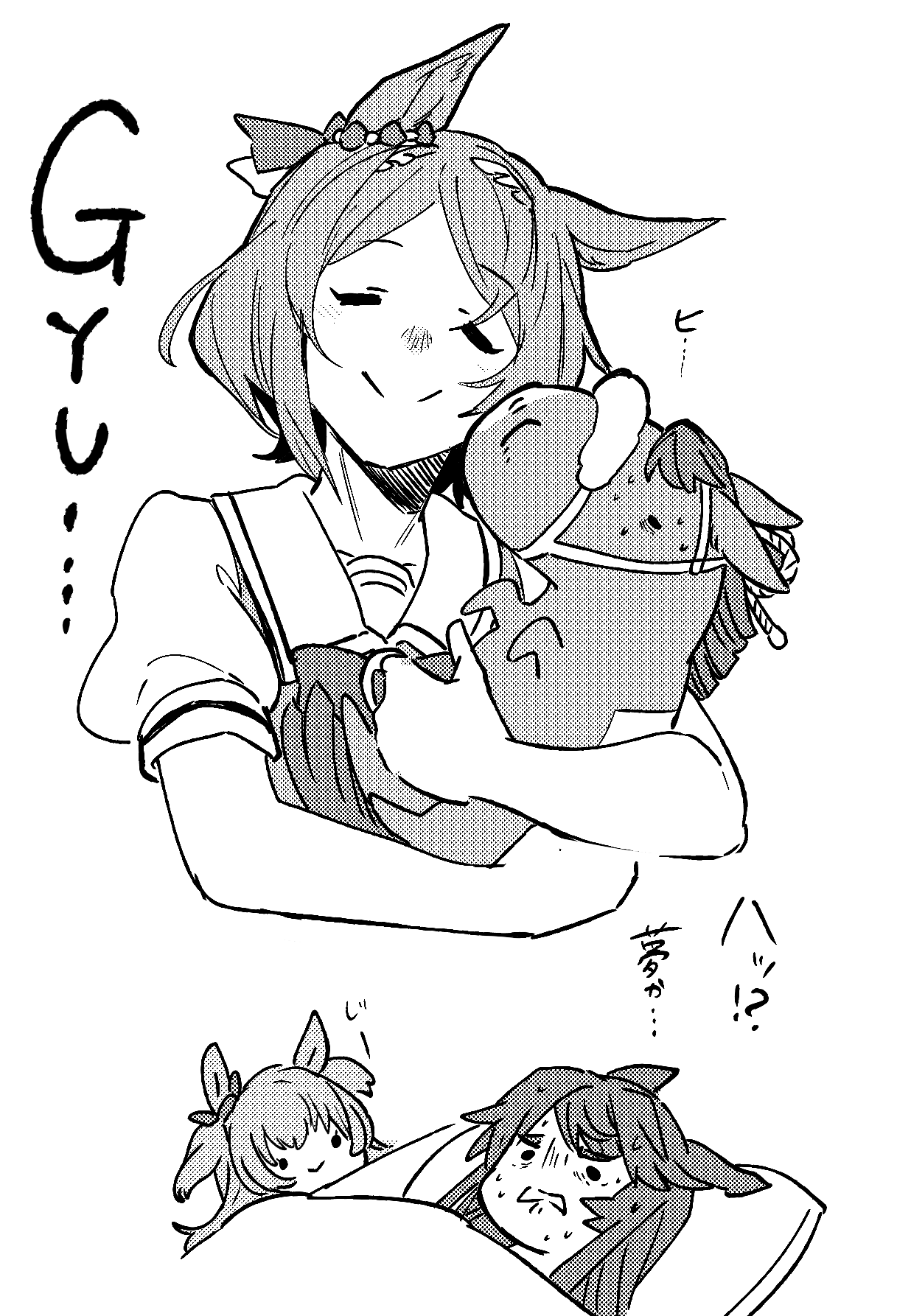 3girls, animal, animal_ears, bed, bow, clenched_teeth, closed_eyes, closed_mouth