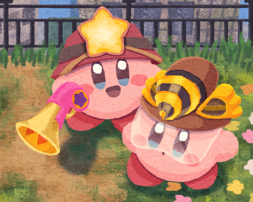 brown_headwear, copy_ability, drill_kirby, flower, grass, hat, headlamp, helmet, kirby, kirby_(series), kirby_and_the_forgotten_land, miclot, no_humans, open_mouth, outdoors, railing, ranger_kirby, red_headwear, smile, visor_cap