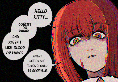 1girl, black_background, blood, blood_on_face, chainsaw_man, commentary, dako_(starrysea), derivative_work, english_commentary, english_text, hair_between_eyes, hello_kitty, long_hair, looking_at_viewer, looking_down, lowres, makima_(chainsaw_man), manga_panel_redraw, meme, parted_lips, red_eyes, redhead, sanrio, simple_background, solo, speech_bubble, upper_body