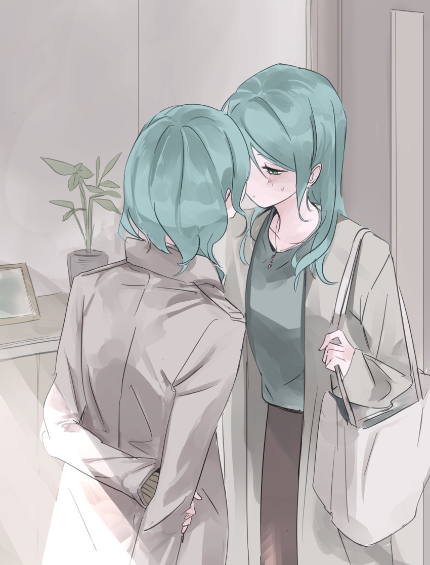 2girls, aqua_hair, arms_behind_back, bag, bang_dream!, brown_coat, brown_skirt, carrying_bag, coat, from_behind, green_eyes, green_shirt, half-closed_eyes, handbag, highres, hikawa_hina, hikawa_sayo, imminent_kiss, incest, jewelry, long_hair, looking_at_another, medium_hair, multiple_girls, necklace, pine_(pinepipp), plant, potted_plant, shirt, siblings, sisters, skirt, twincest, twins, yuri