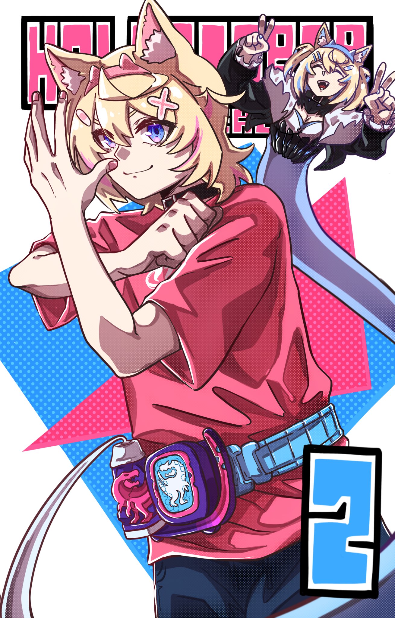 2girls, animal_ear_fluff, animal_ears, bandaid_hair_ornament, black_collar, black_jacket, blonde_hair, blue_eyes
