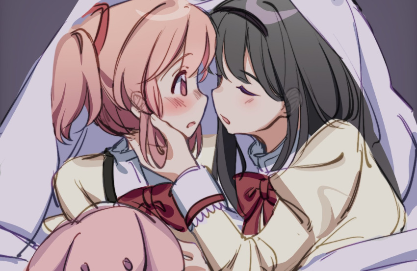 2girls, akemi_homura, black_hair, black_headband, bow, bowtie, hand_on_another's_face, headband