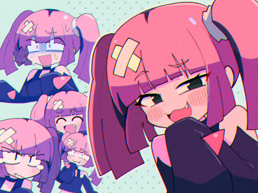 1girl, :d, ^_^, bare_shoulders, black_eyes, blunt_bangs, blush, chromatic_aberration