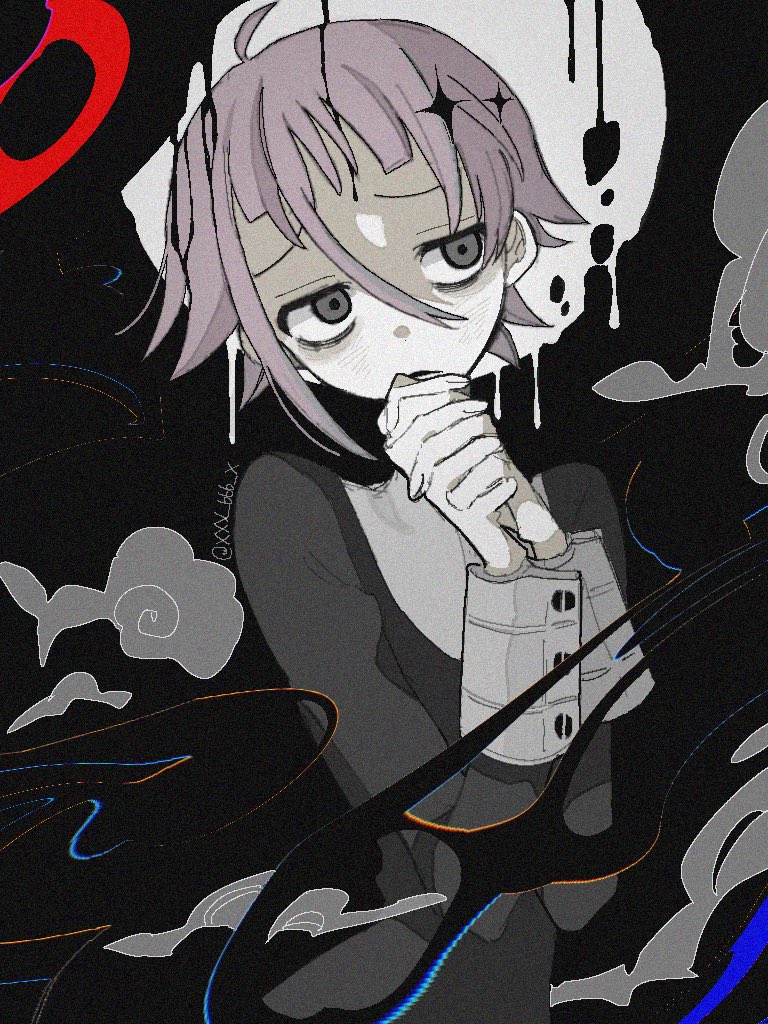 1other, androgynous, black_dress, crona_(soul_eater), dress, grey_eyes, purple_hair, short_hair, smoke, solo, soul_eater, tabun_ningen