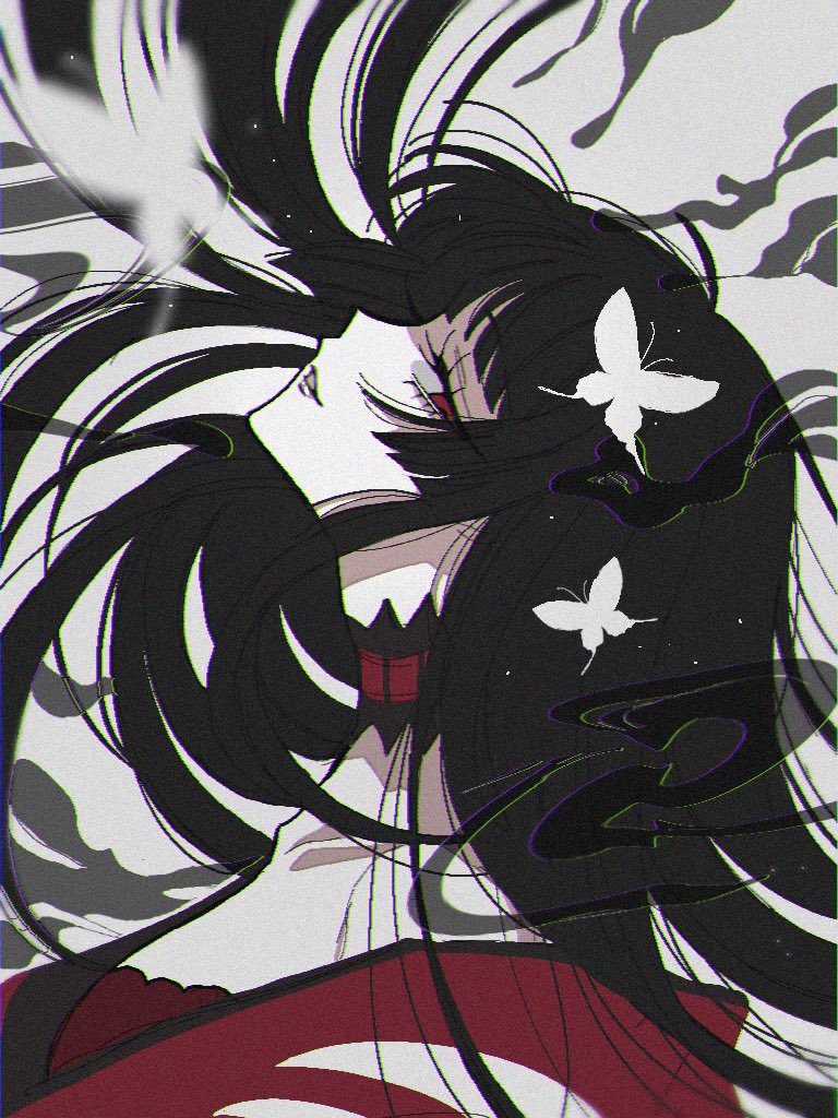 1girl, black_hair, bug, butterfly, ichihara_yuuko, light_smile, lips, long_hair