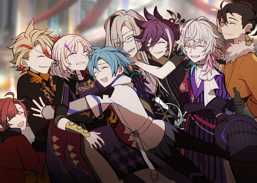 6+boys, ahoge, artist_request, axel_syrios, banzoin_hakka, black_gloves, black_hair, black_jacket, black_pants, blonde_hair, blue_hair, blurry, blurry_background, braid, closed_eyes, colored_skin, ear_piercing, earrings, feather_hair_ornament, feathers, fur-trimmed_jacket, fur_trim, gavis_bettel, glasses, gloves, grey_hair, group_hug, hair_between_eyes, hair_ornament, hat, highres, holding, holding_clothes, holding_hat, holostars, holostars_english, holotempus, hood, hoodie, hug, jacket, jewelry, josuiji_shinri, long_hair, long_sleeves, machina_x_flayon, magni_dezmond, male_focus, medium_hair, mole, mole_under_mouth, multicolored_clothes, multicolored_hair, multicolored_jacket, multicolored_skin, multiple_boys, noir_vesper, noir_vesper_(old_design), open_clothes, open_jacket, open_mouth, orange_jacket, pants, piercing, pink_hair, ponytail, purple_hair, red_jacket, redhead, regis_altare, scarf, short_hair, side_braid, smile, streaked_hair, teeth, unworn_hat, unworn_headwear, virtual_youtuber, white_hair, white_hoodie, white_scarf
