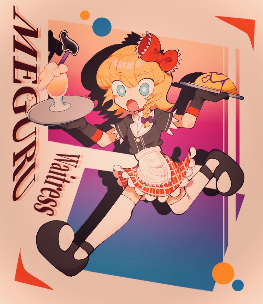 1girl, :o, alternate_costume, black_footwear, black_gloves, black_shirt, blonde_hair, blue_eyes