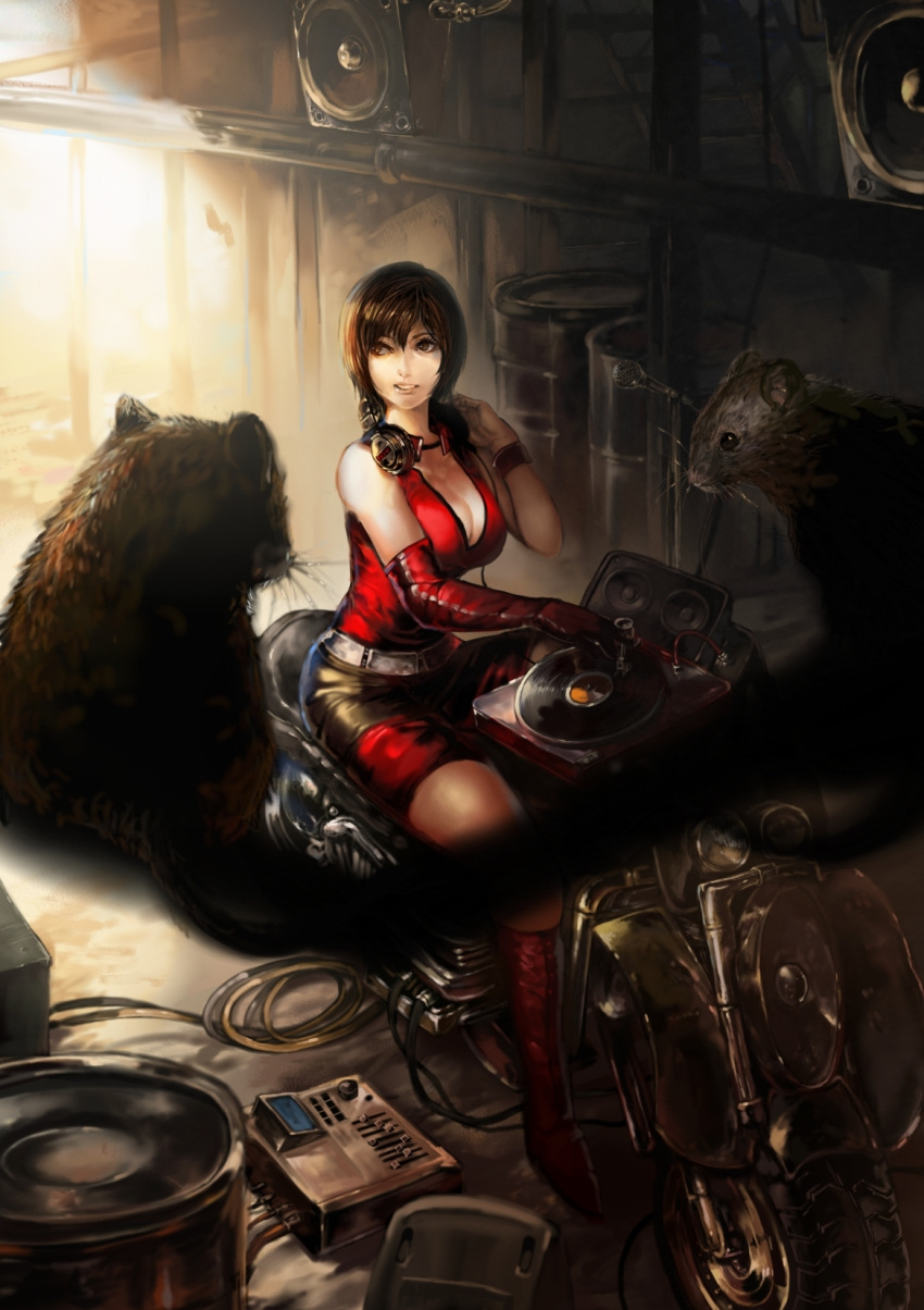 bicycle, breasts, brown_hair, cleavage, dj, eel_(artist), gloves, headphones, highres, meiko, motor_vehicle, motorcycle, perspective, phonograph, rat, realistic, red, shorts, turntable, vehicle, vocaloid