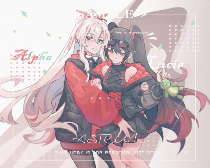 2girls, animal_keychain, bare_legs, bare_shoulders, black_hair, black_pantyhose, black_shirt, black_skirt, blue_eyes, character_name, commentary_request, english_text, frog, gradient_hair, grey_hair, hair_between_eyes, haisongshiwu, heterochromia, highres, jacket, long_sleeves, lucia:_crimson_weave_(punishing:_gray_raven), lucia:_plume_(punishing:_gray_raven), multicolored_hair, multiple_girls, pantyhose, pleated_skirt, punishing:_gray_raven, red_eyes, red_jacket, redhead, shirt, sidelocks, skirt, sleeveless, sleeveless_shirt, streaked_hair, twintails, wide_ponytail