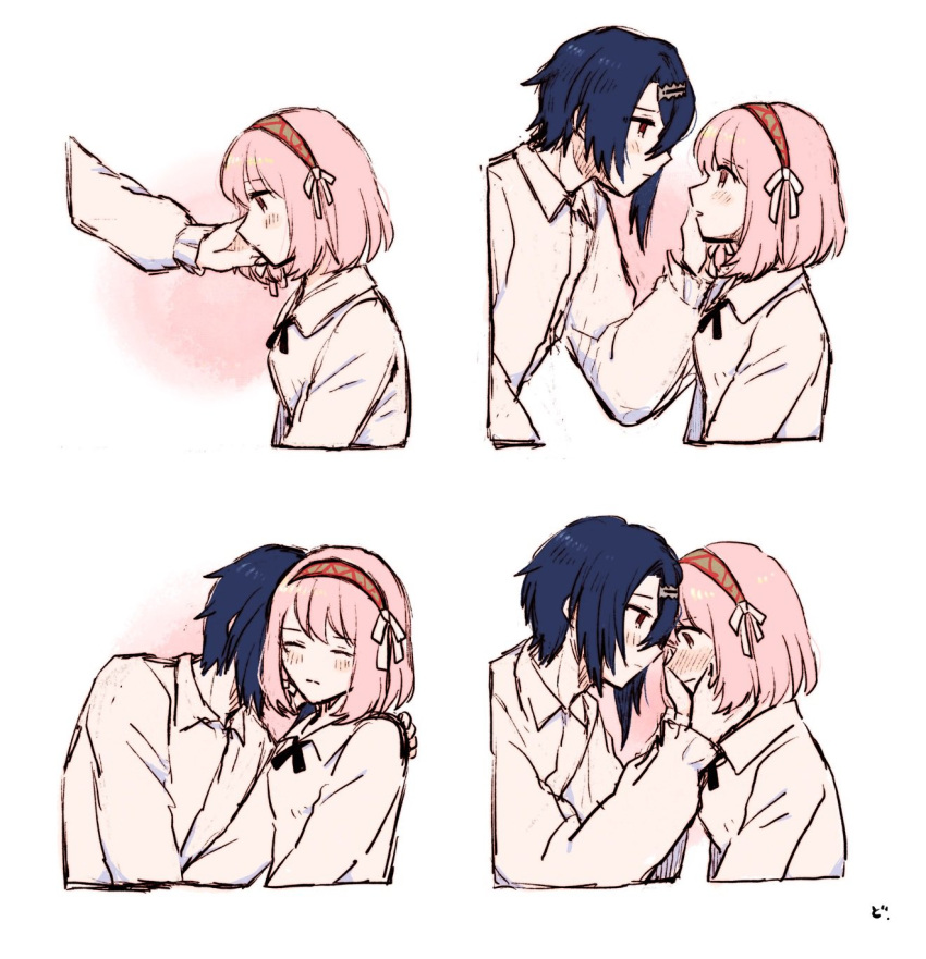 1boy, 1girl, alcryst_(fire_emblem), blue_hair, blush, couple, dolly_deer, fire_emblem, fire_emblem_engage, hair_ornament, hair_ribbon, hairband, hairclip, hetero, highres, lapis_(fire_emblem), long_sleeves, looking_at_another, pink_hair, red_eyes, ribbon, shirt, short_hair, simple_background, white_background, white_ribbon, white_shirt