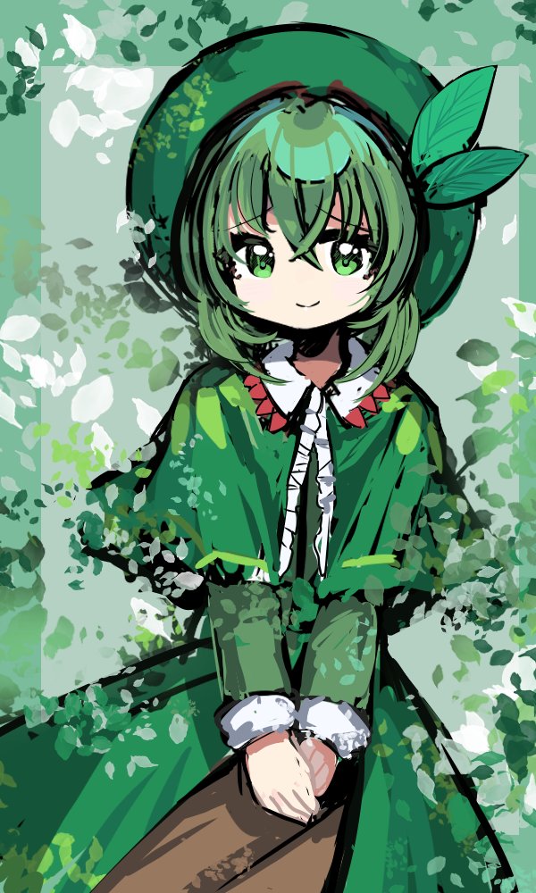 1girl, anmita_(rarutos), capelet, closed_mouth, collared_capelet, crossed_bangs, dress, flat_chest, green_capelet, green_dress, green_eyes, green_hair, green_headwear, green_theme, hair_between_eyes, hat, leaf_hat_ornament, long_sleeves, looking_at_viewer, no_nose, original, seoi_ha, sketch, smile, solo, touhou, touhou_shizenyu