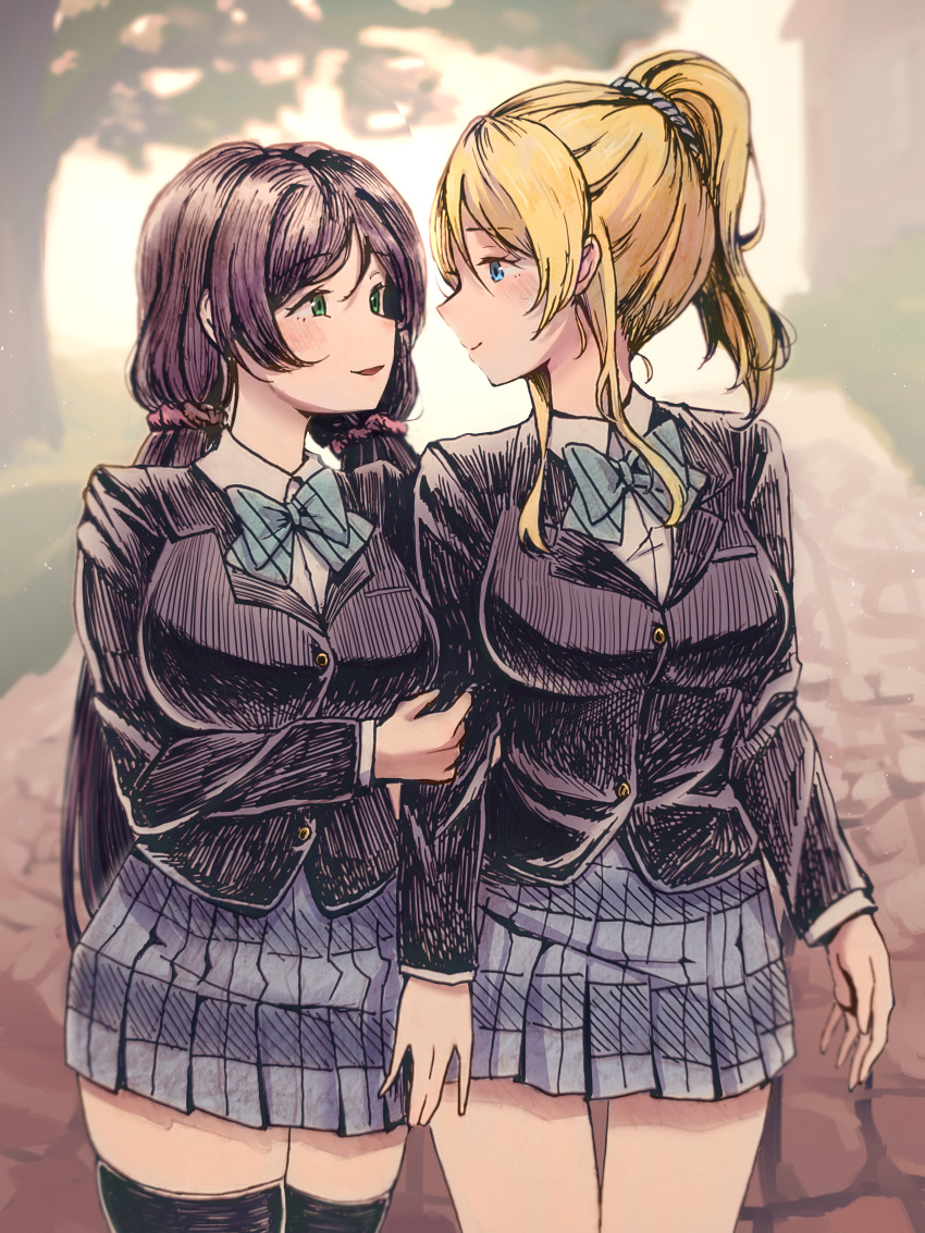 2girls, absurdres, ayase_eli, black_thighhighs, blazer, blonde_hair, blue_bow, blue_bowtie, blue_eyes, blue_skirt, bow, bowtie, breasts, eye_contact, green_eyes, hair_ornament, hair_scrunchie, highres, jacket, large_breasts, long_hair, long_sleeves, looking_at_another, love_live!, love_live!_school_idol_project, low_twintails, multiple_girls, open_mouth, otonokizaka_school_uniform, pink_scrunchie, plaid, plaid_skirt, ponytail, purple_hair, risai, school_uniform, scrunchie, skirt, smile, thigh-highs, toujou_nozomi, twintails, white_scrunchie, yuri
