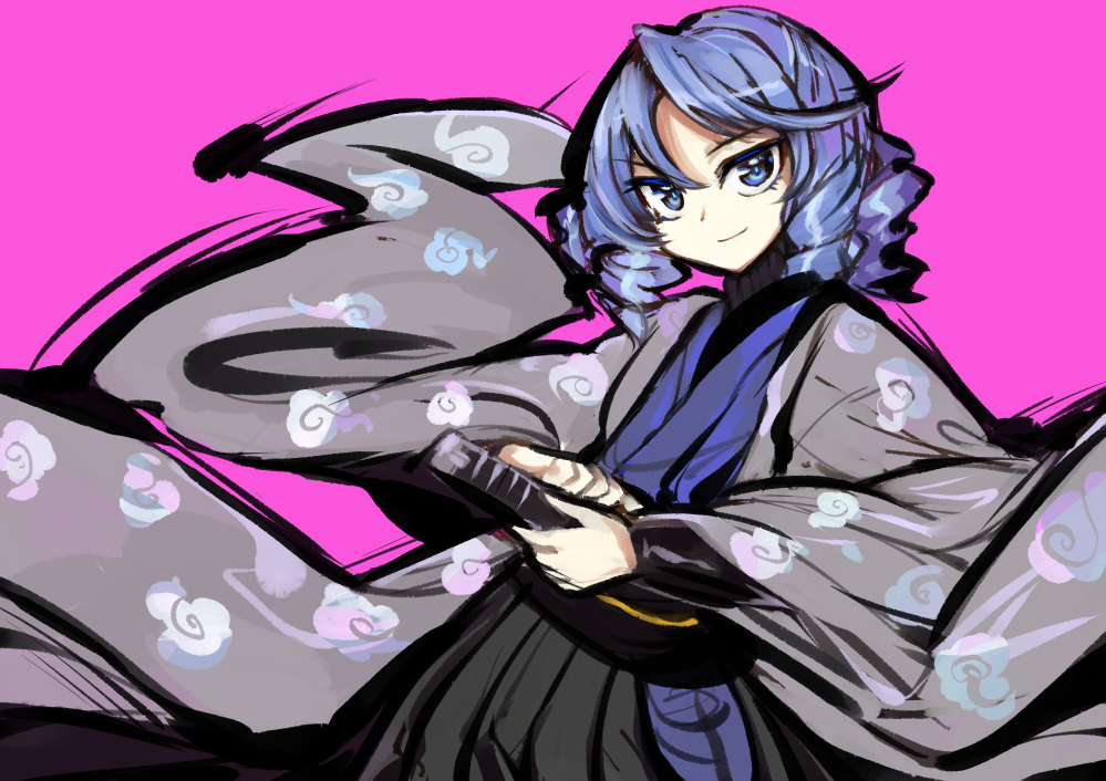 1girl, anmita_(rarutos), black_skirt, blue_eyes, blue_hair, blue_kimono, closed_mouth, coat