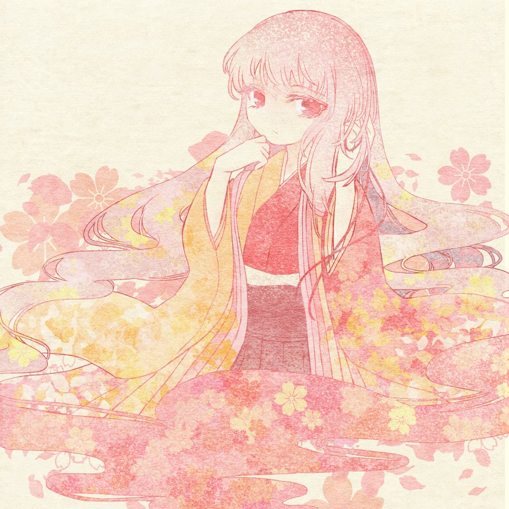 1girl, anmita_(rarutos), ariwara_no_miyabiko, brown_hakama, closed_mouth, commentary_request, flat_chest, hair_down