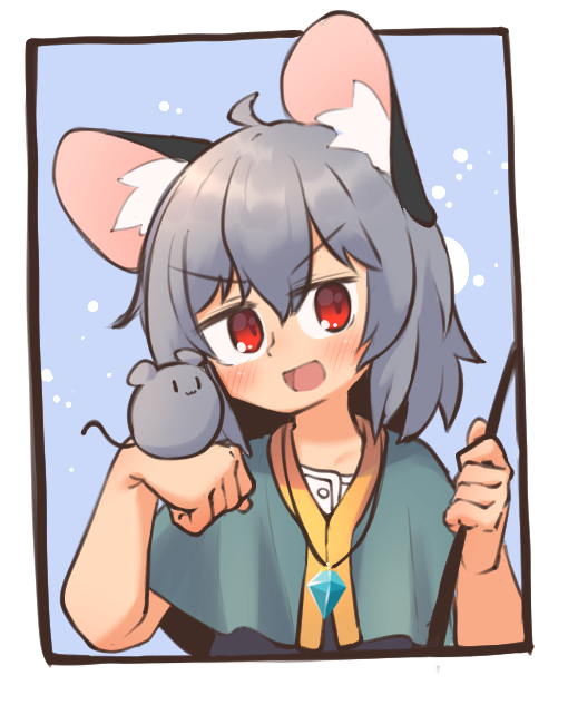 1girl, :3, :d, ahoge, animal_ear_fluff, animal_ears, blue_background, blue_capelet