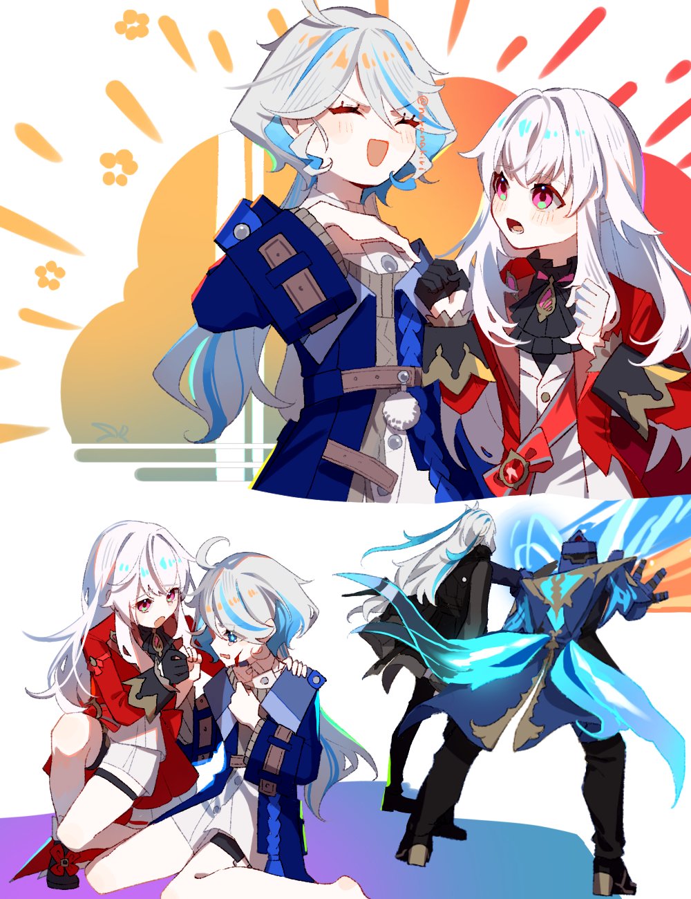 2boys, 2girls, ahoge, alternate_costume, ascot, belt, black_ascot, black_gloves