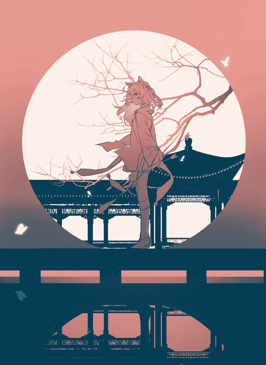 1girl, animal_ears, architecture, arknights, arrow_(projectile), bare_tree, bow_(weapon), bridge, bug, butterfly, butterfly768, chinese_commentary, commentary_request, east_asian_architecture, from_side, full_body, highres, holding, holding_bow_(weapon), holding_weapon, limited_palette, looking_at_viewer, lunacub_(arknights), lunacub_(clouds_float_like_ideas_of_art)_(arknights), monochrome, outdoors, profile, sleeves_past_wrists, solo, thigh-highs, tree, weapon