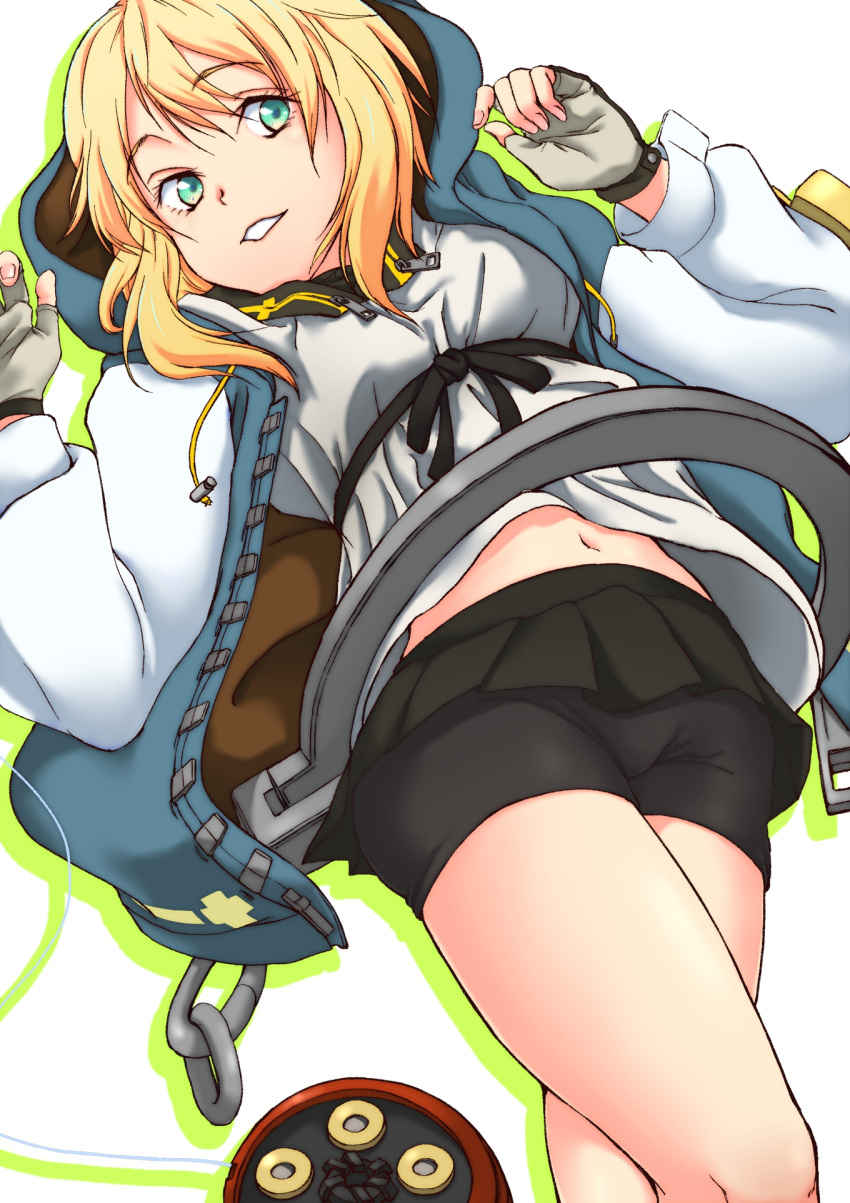 1girl, ashiyu_(ashmouautz), bike_shorts, bike_shorts_under_skirt, black_gloves, blonde_hair, blush, bridget_(guilty_gear), cuffs, female_focus, fingerless_gloves, gloves, green_eyes, guilty_gear, guilty_gear_strive, handcuffs, highres, hood, hooded_jacket, hoodie, jacket, long_sleeves, looking_at_viewer, medium_hair, navel, open_clothes, open_hoodie, parted_lips, smile, yo-yo