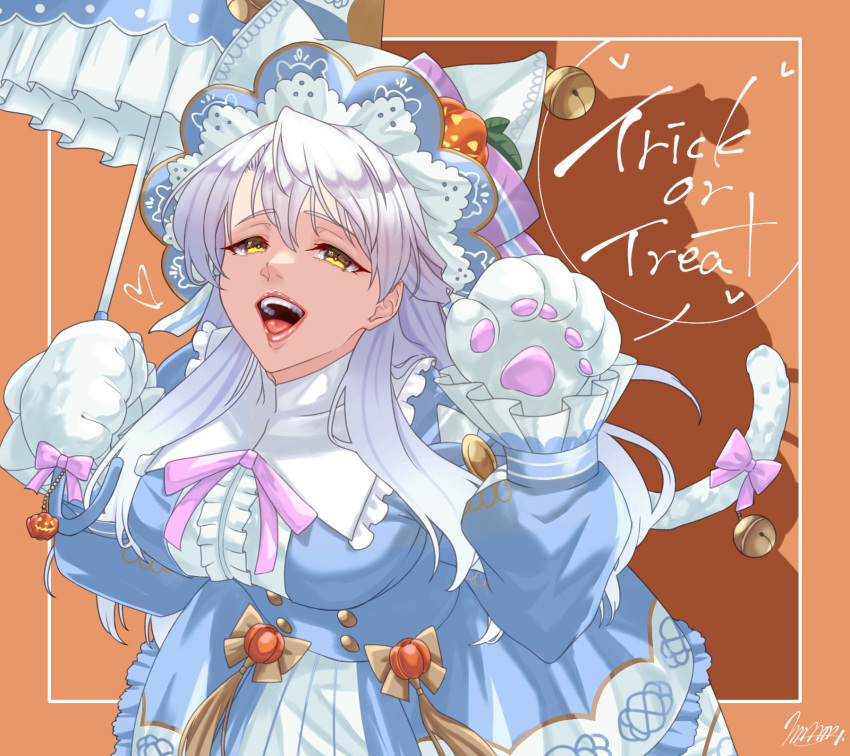 1girl, :d, alternate_costume, animal_hands, breasts, cat_paw, cat_paws, cat_tail