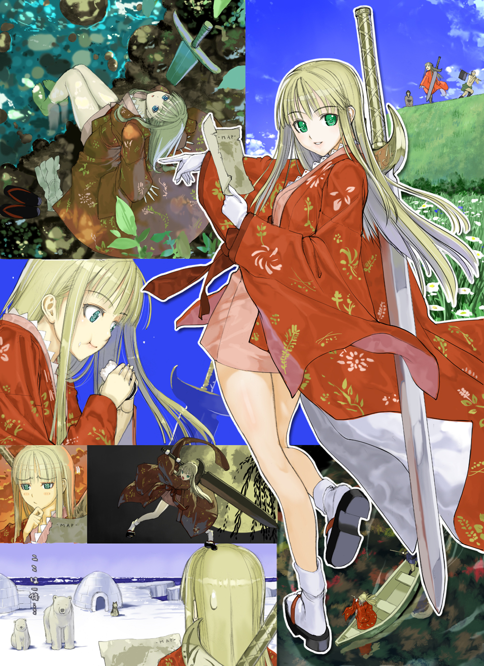 arm_support, barefoot, bear, blonde_hair, blue_eyes, boat, cloud, clouds