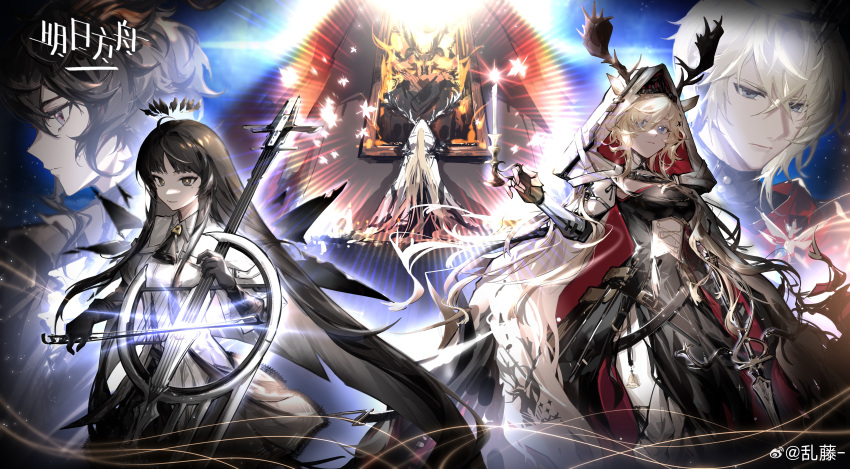 2boys, 2girls, absurdly_long_hair, absurdres, animal_ears, antenna_hair, antlers, antlers_through_headwear
